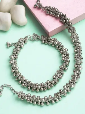 Set Of 2 Oxidised Silver-Plated Kundan-Studded Anklets
