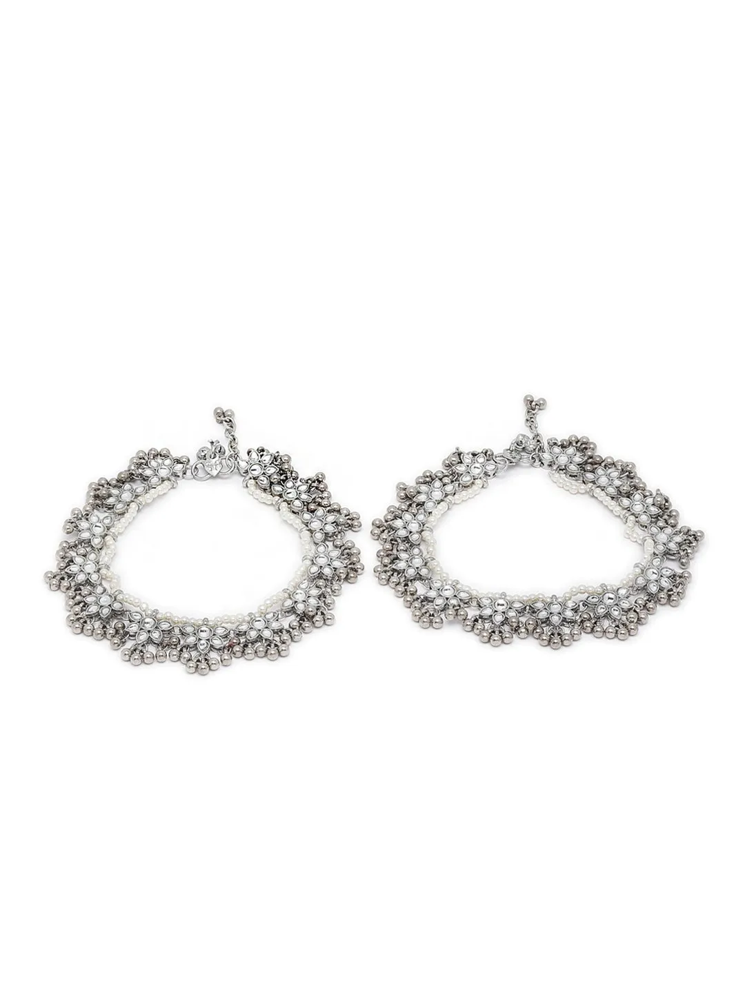 Set Of 2 Oxidised Silver-Plated White Kundan-Studded Anklets