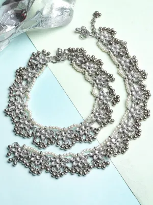 Set Of 2 Oxidised Silver-Plated White Kundan-Studded Anklets