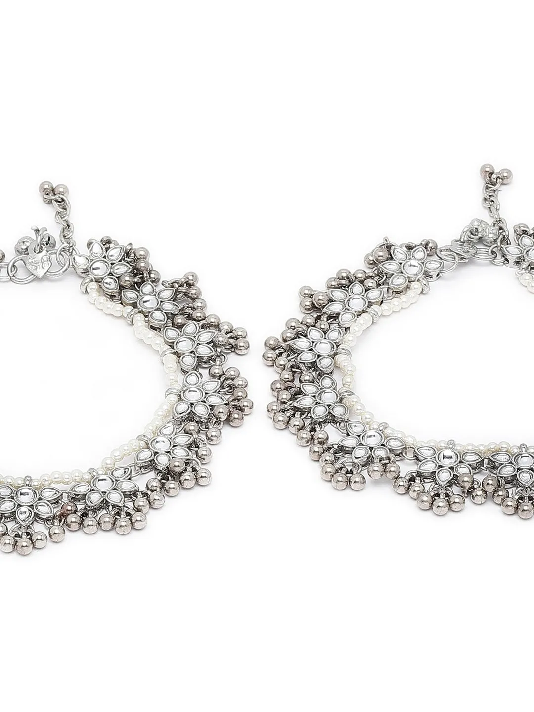 Set Of 2 Oxidised Silver-Plated White Kundan-Studded Anklets