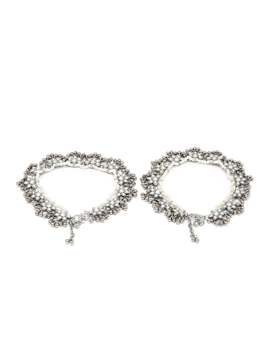 Set Of 2 Oxidised Silver-Plated White Kundan-Studded Anklets