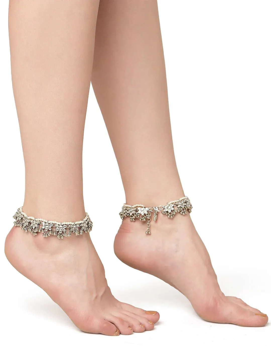 Set Of 2 Oxidised Silver-Plated White Kundan-Studded Anklets