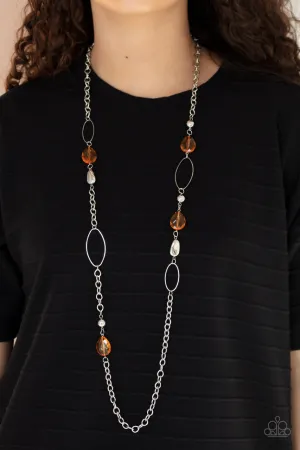 SHEER as Fate - Orange - Faceted Bead Silver Chain Paparazzi Long Necklace