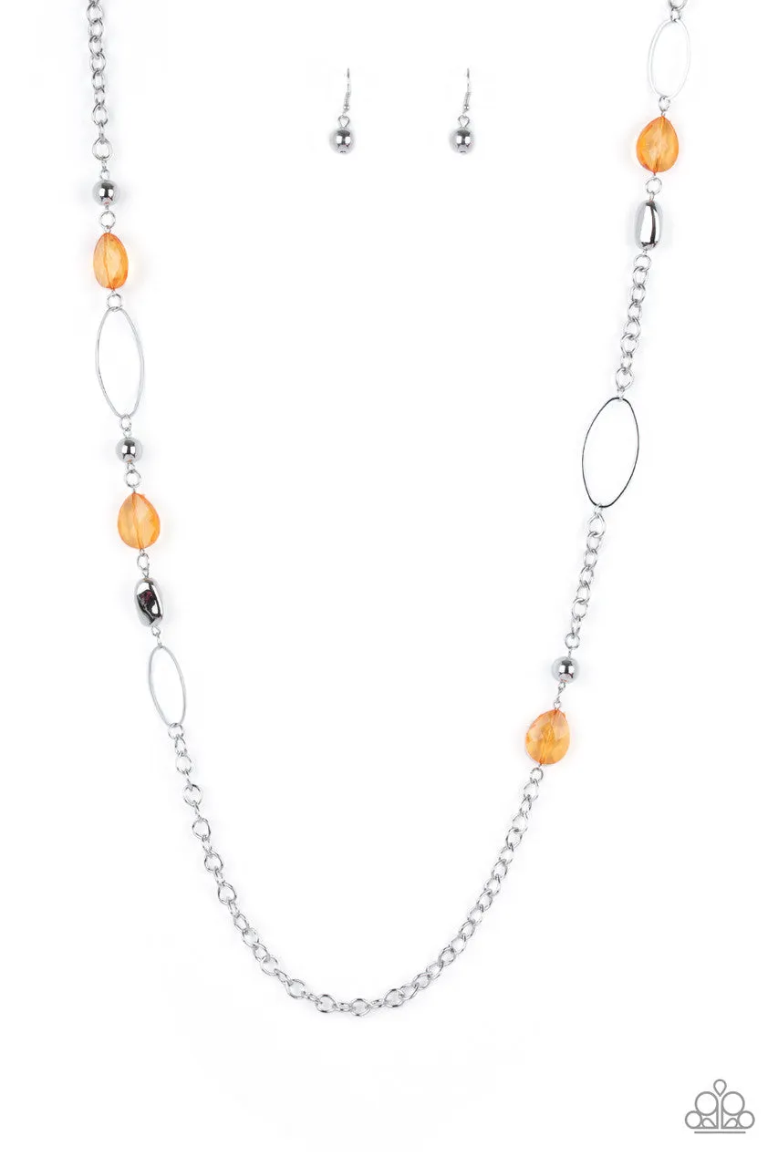 SHEER as Fate - Orange - Faceted Bead Silver Chain Paparazzi Long Necklace