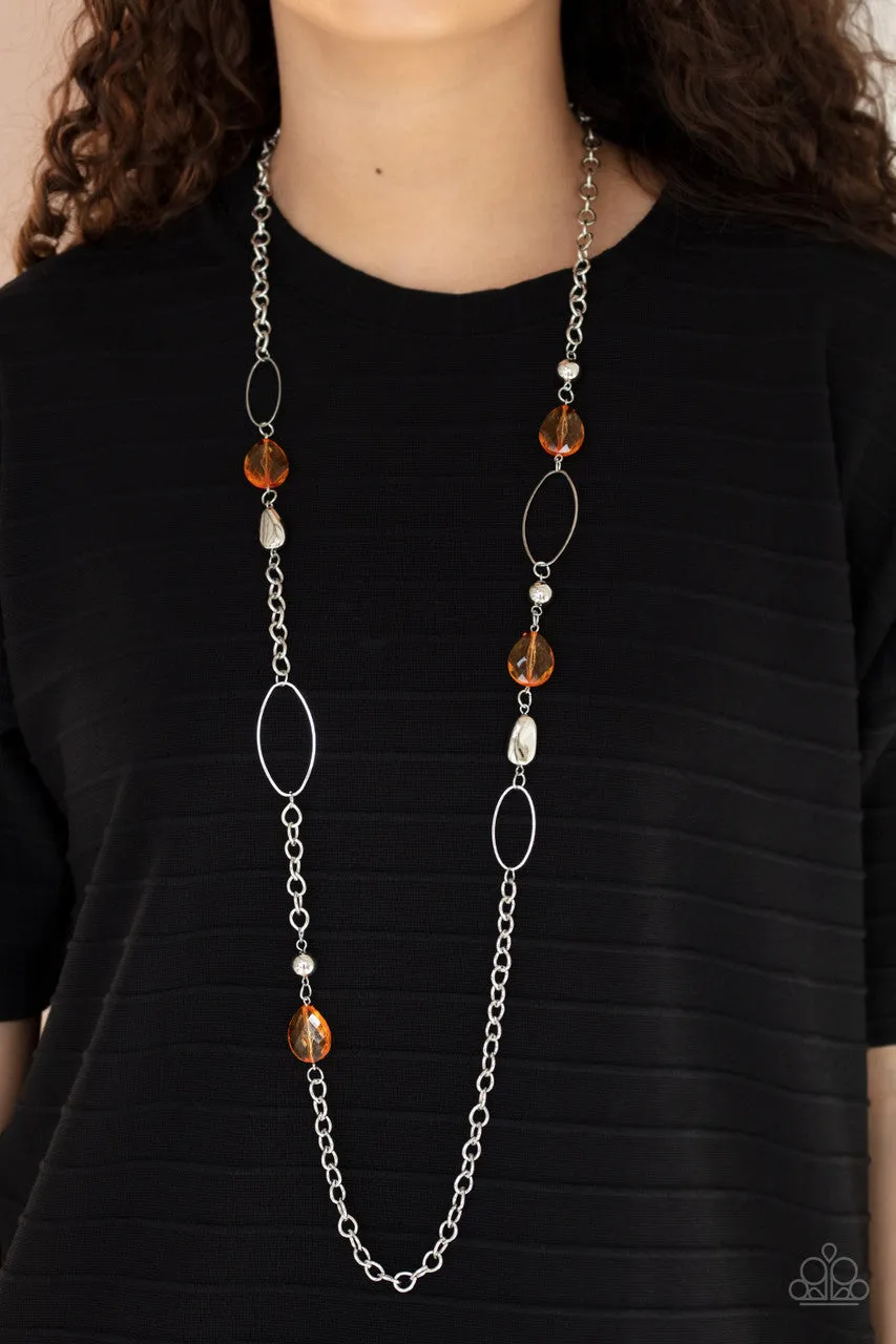 SHEER as Fate - Orange - Faceted Bead Silver Chain Paparazzi Long Necklace
