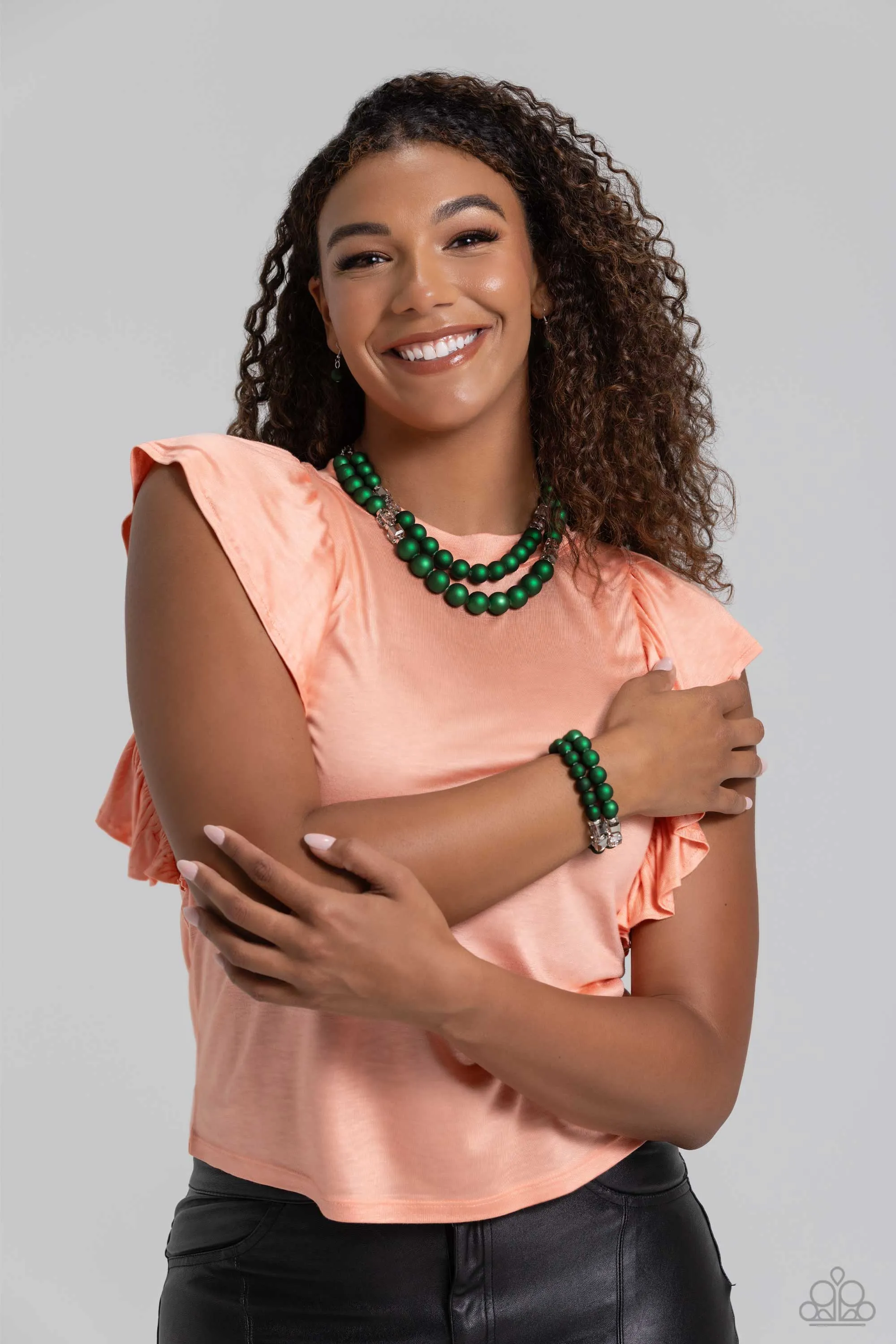 Shopaholic Season - Green - Shimmery Bead Tiered Paparazzi Short Necklace