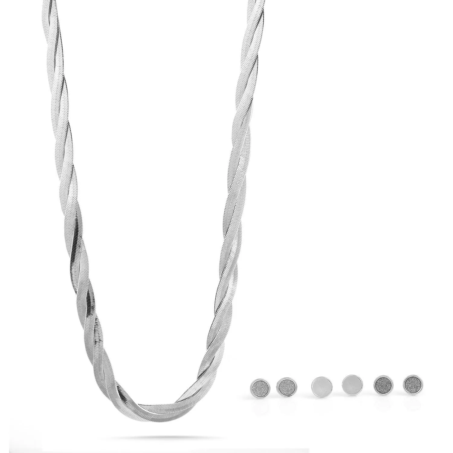 SILVER  3 ROW SNAKE CHAIN NECKLACE AND SET OF THREE 6MM SILVER AND GOLD DRUZY EARRINGS SET #SQ554-3568JJ-S (SC17)