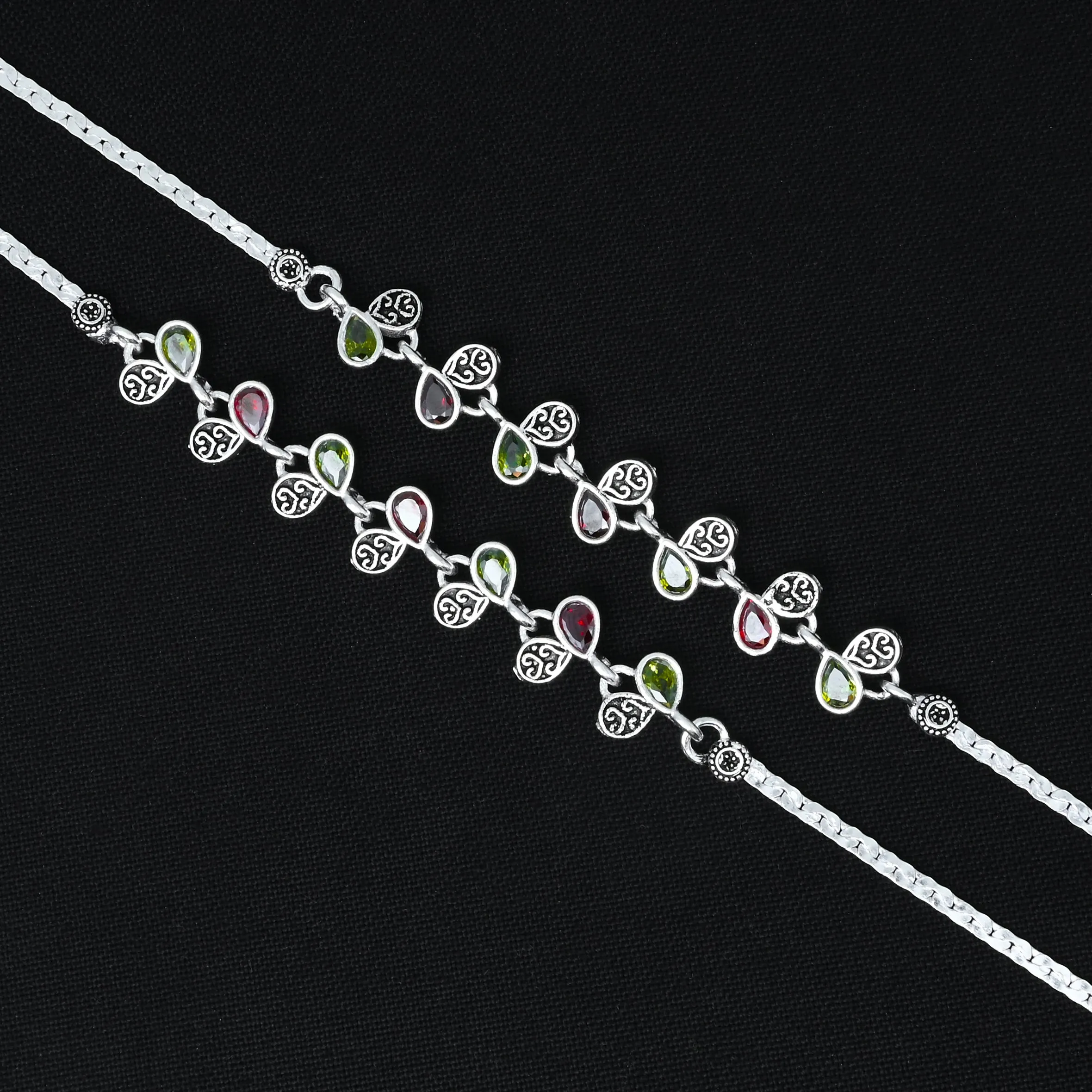Silver Anklet with Waterdrop Buds and Red, Green Stone Accents