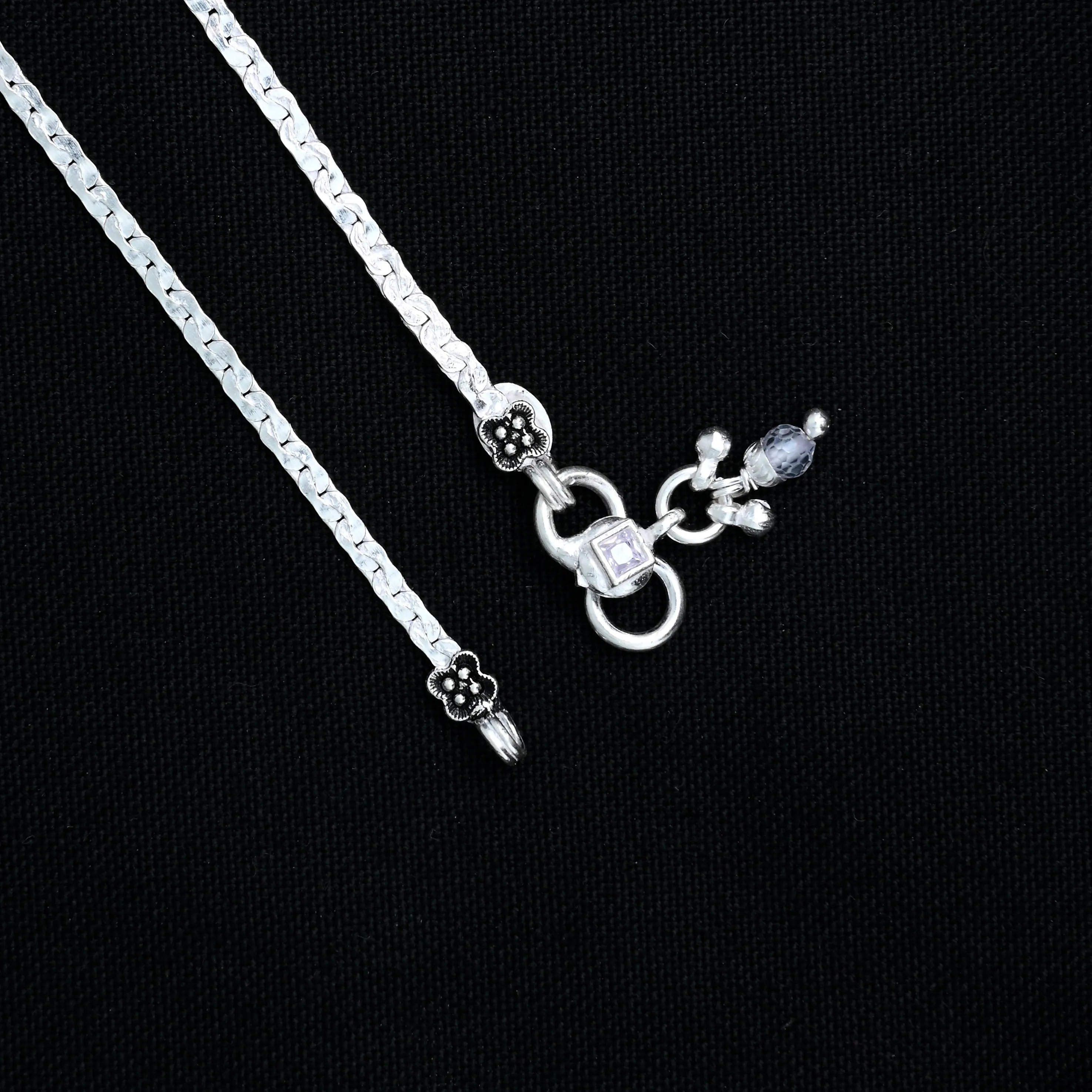 Silver Anklet with Waterdrop Buds and Red, Green Stone Accents