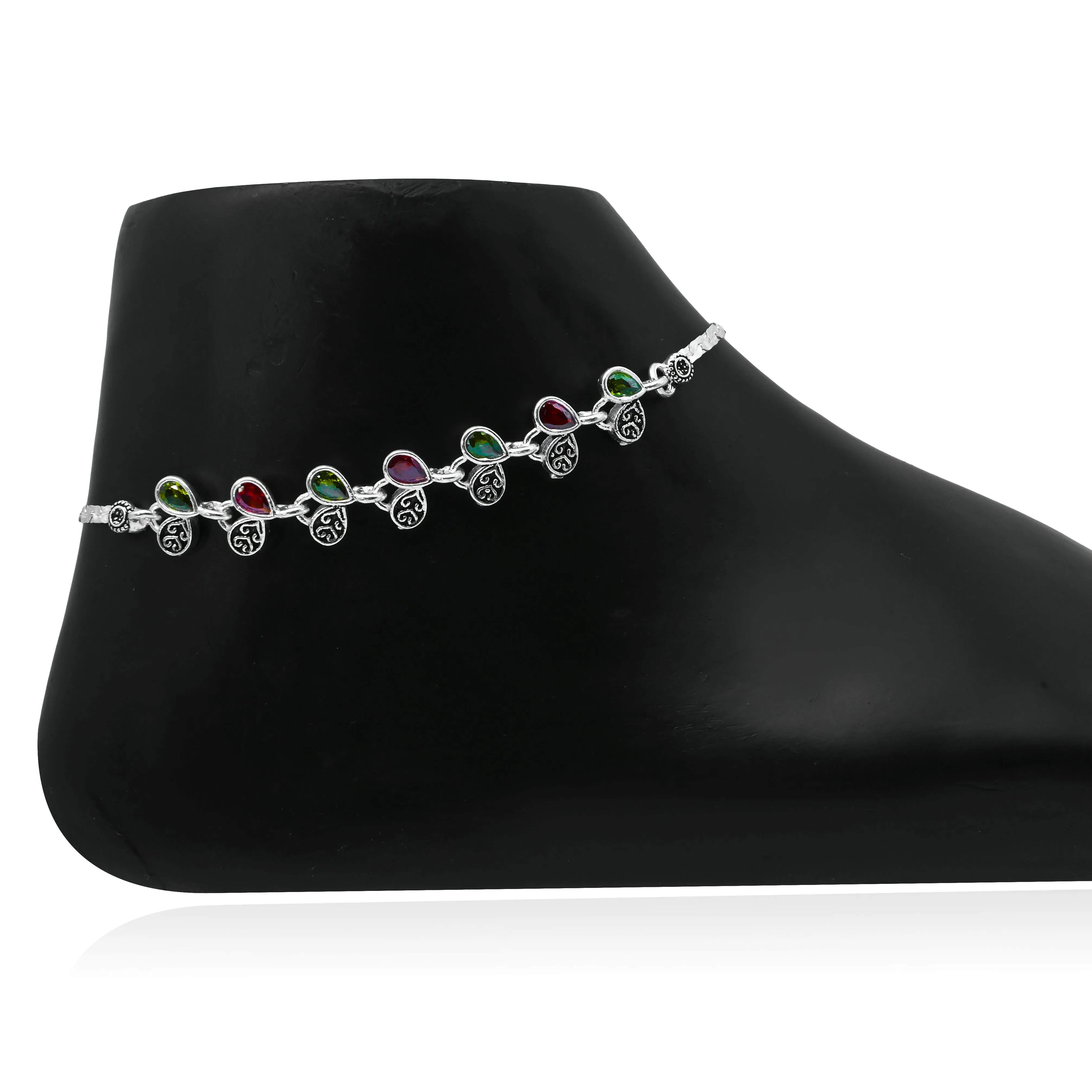 Silver Anklet with Waterdrop Buds and Red, Green Stone Accents