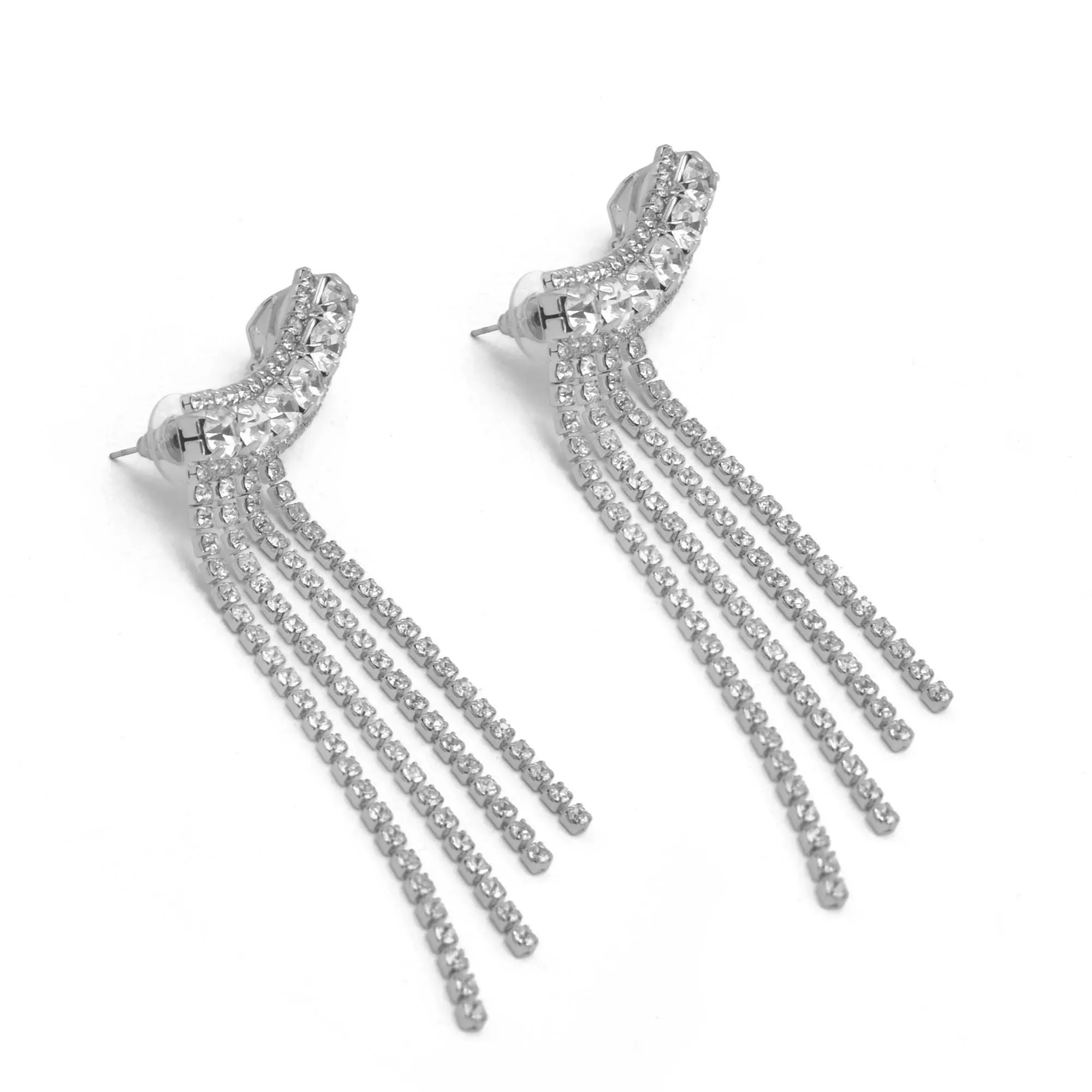 SILVER CRYSTAL LONG TASSEL EARRINGS #27129CR-S (LD24)