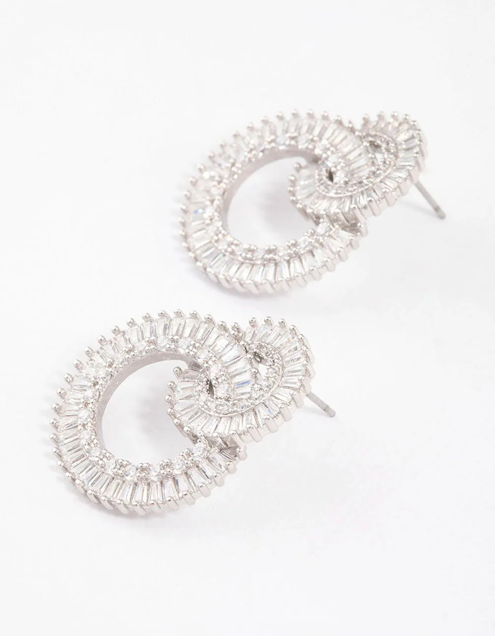 Silver Cubic Zirconia Double Circle Diamante Drop Earrings