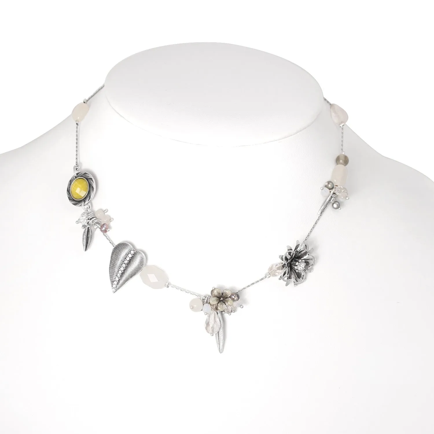 SILVER FLOWER AND LEAVES CRYSTAL  NECKLACES #194WH15 (2A4)