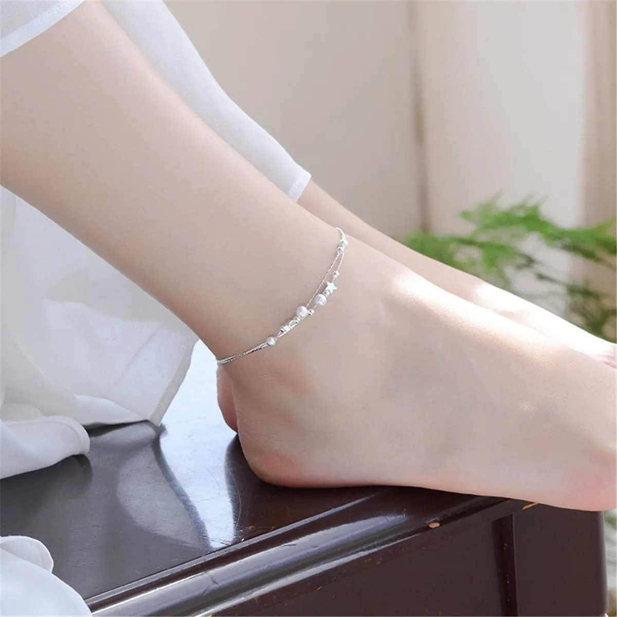 Silver-Plated Star & Bead Anklet