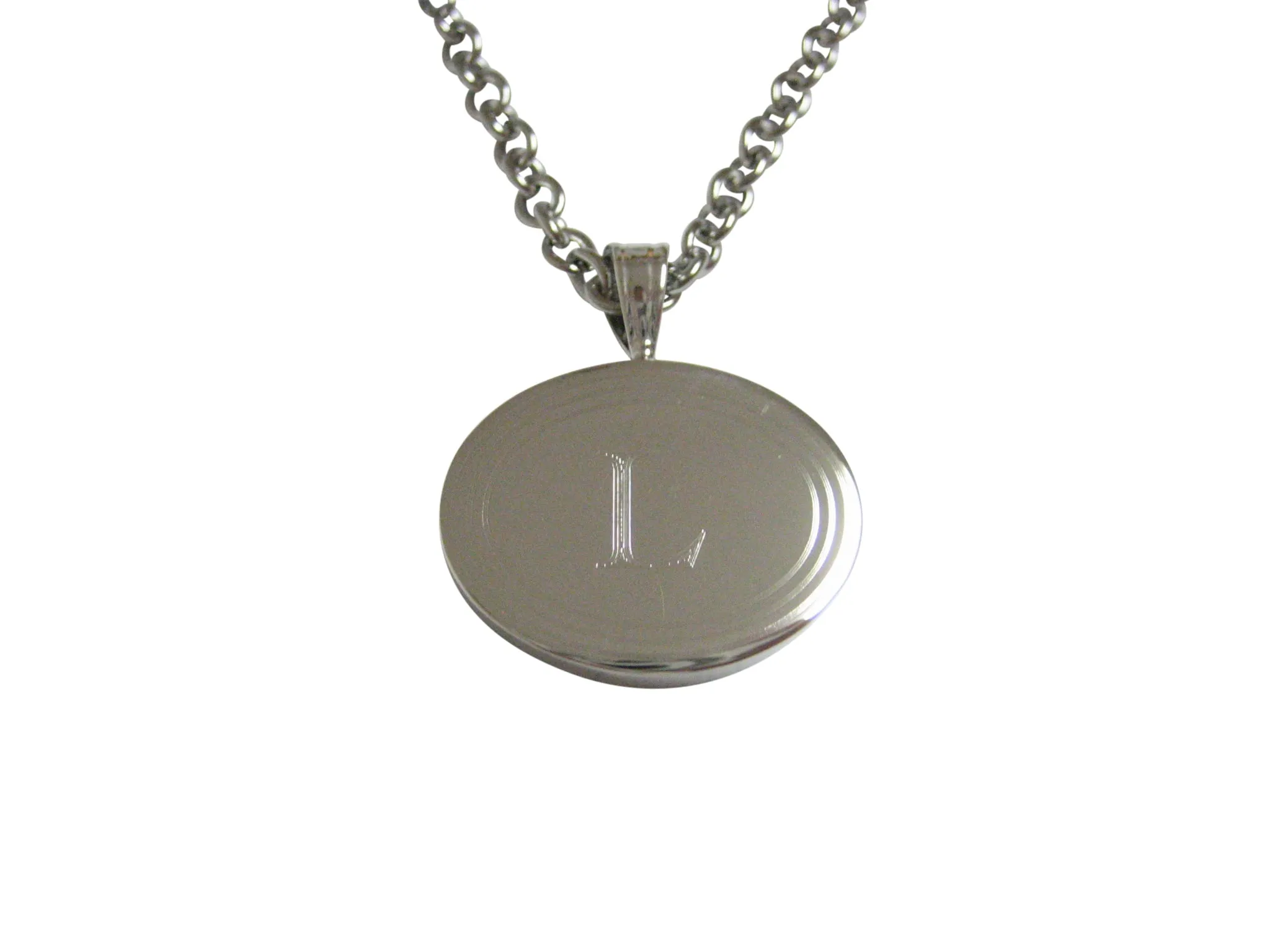 Silver Toned Etched Oval Letter L Monogram Pendant Necklace
