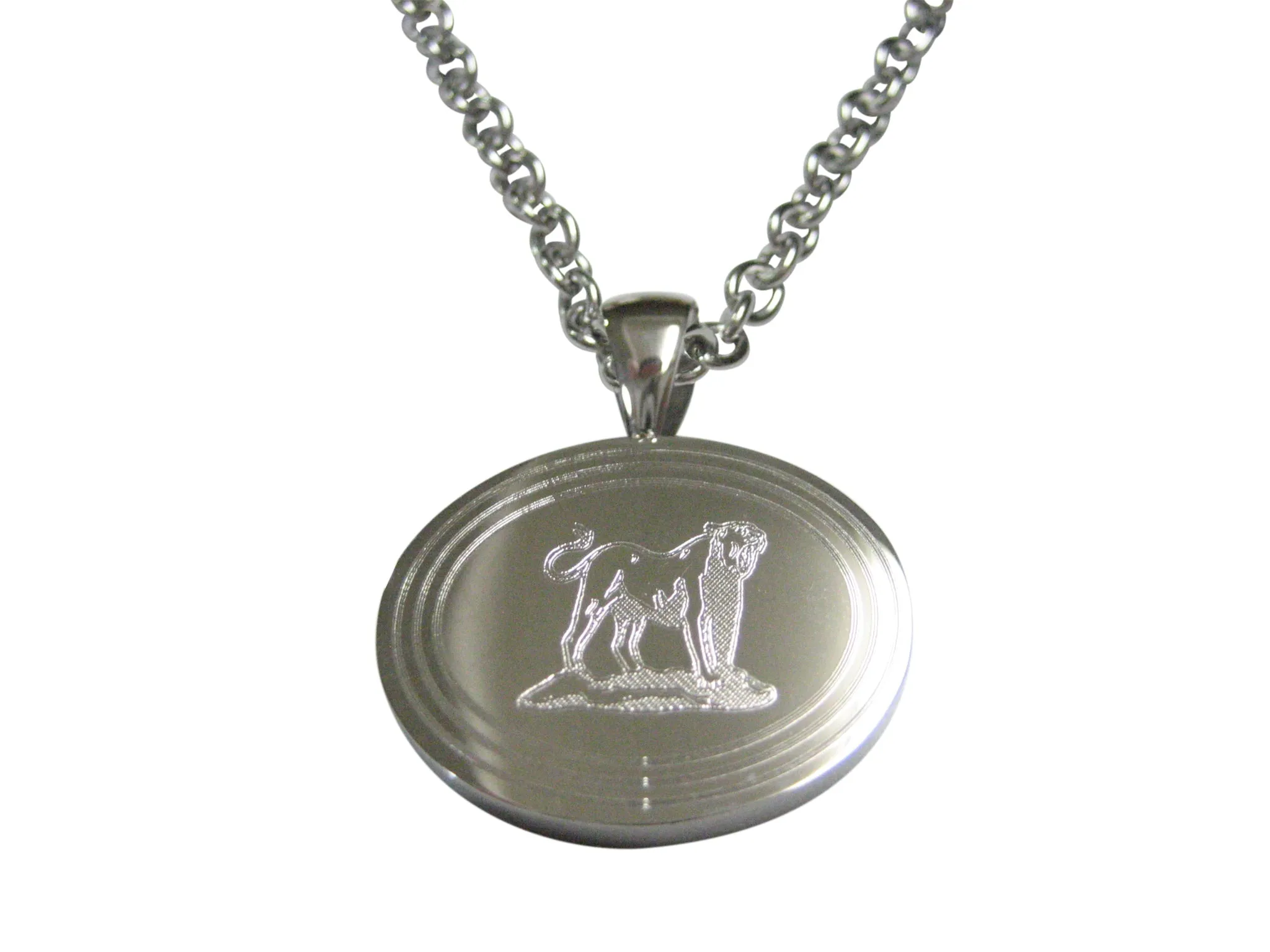 Silver Toned Etched Oval Roaring Lioness Pendant Necklace