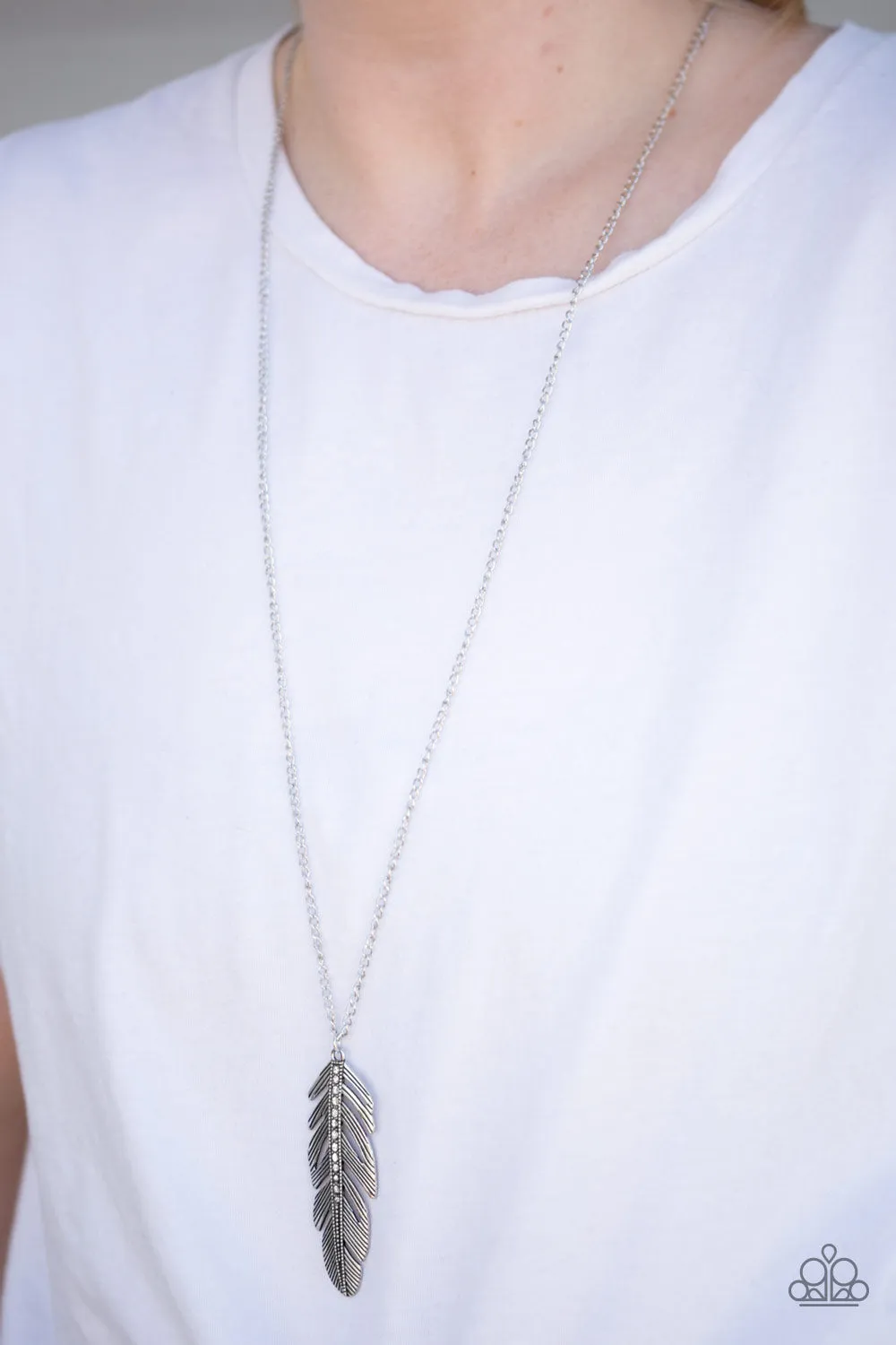 Sky Quest - White (Rhinestone) Silver Feather Necklace