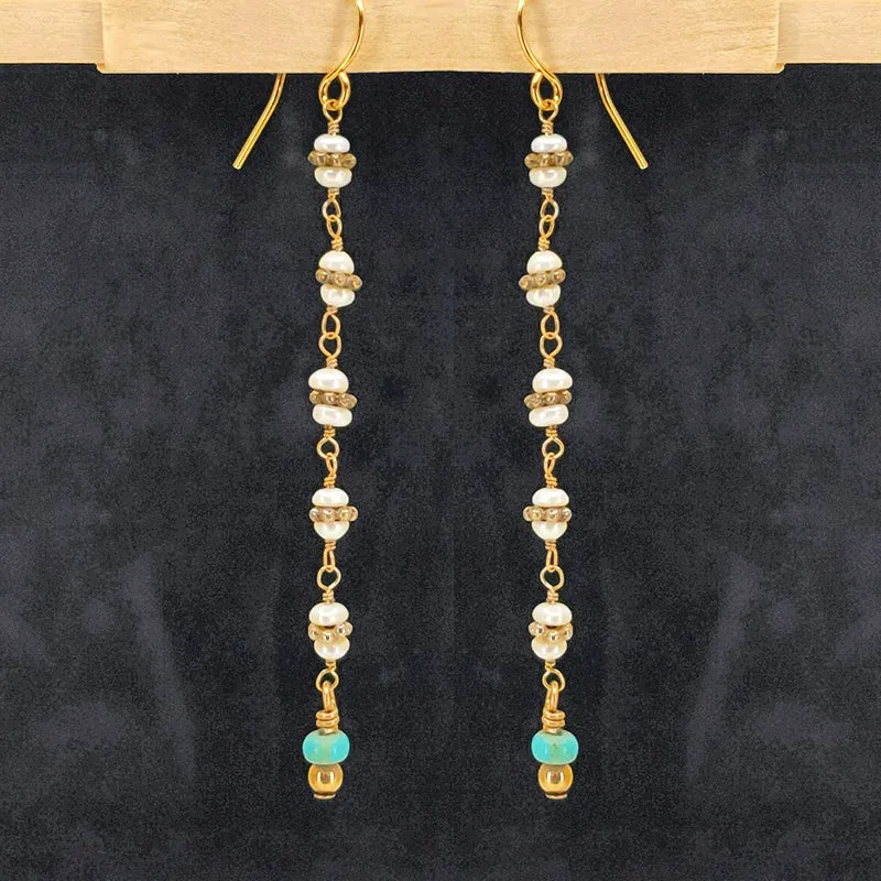 Slender Pearl and Turquoise Earrings