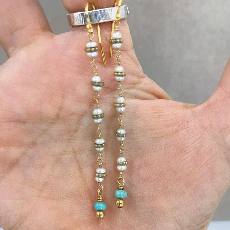 Slender Pearl and Turquoise Earrings