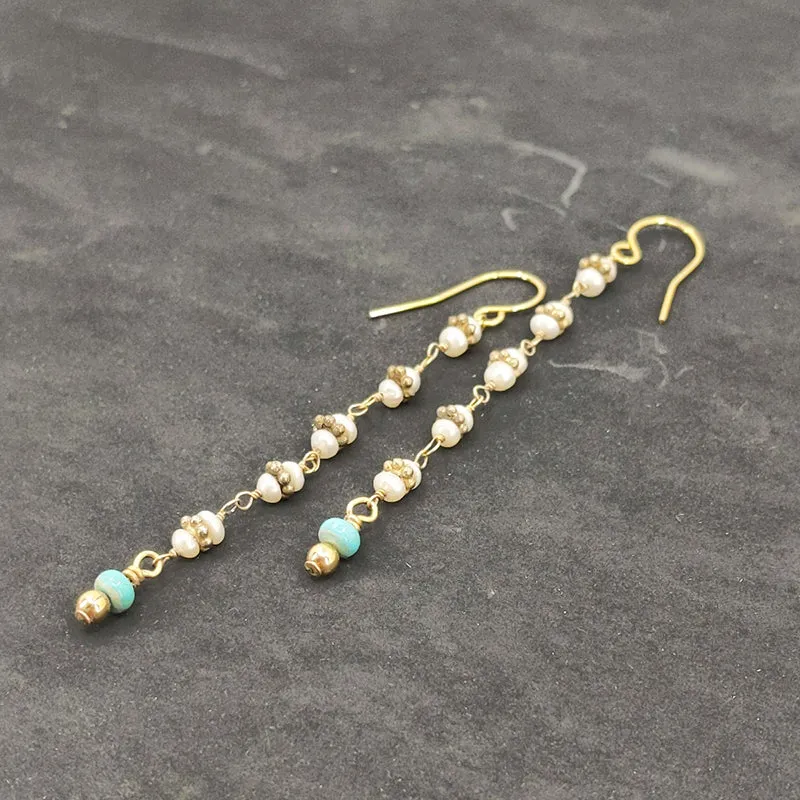 Slender Pearl and Turquoise Earrings