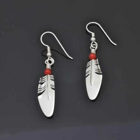 Small Feather Earrings with Coral Bead