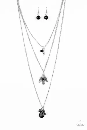Soar With The Eagles - Black - Beaded and Silver Feather Charm Tiered Paparazzi Long Necklace