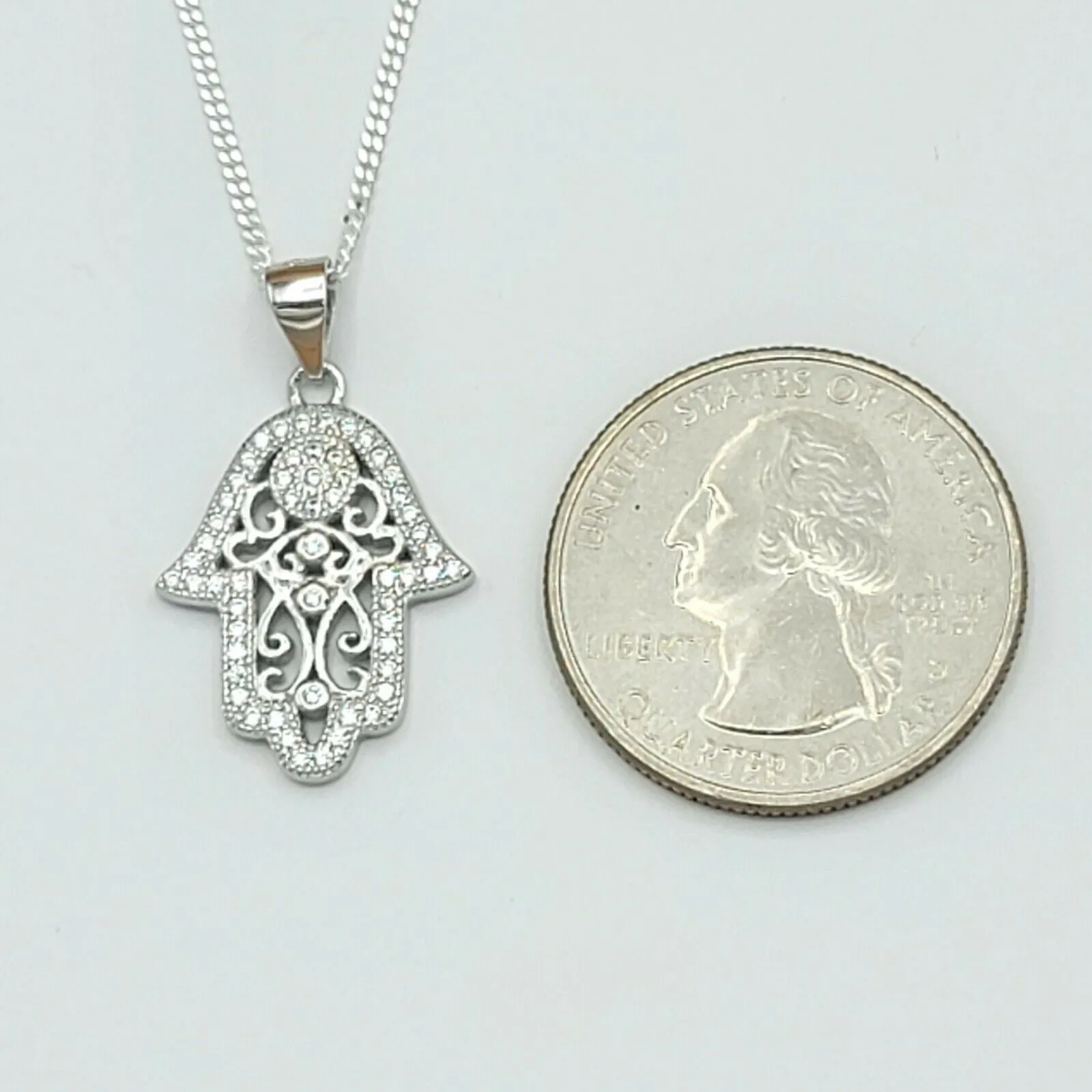 Solid 925 Sterling Silver. Filigree Hamsa Hand Iced Pendant Necklace.