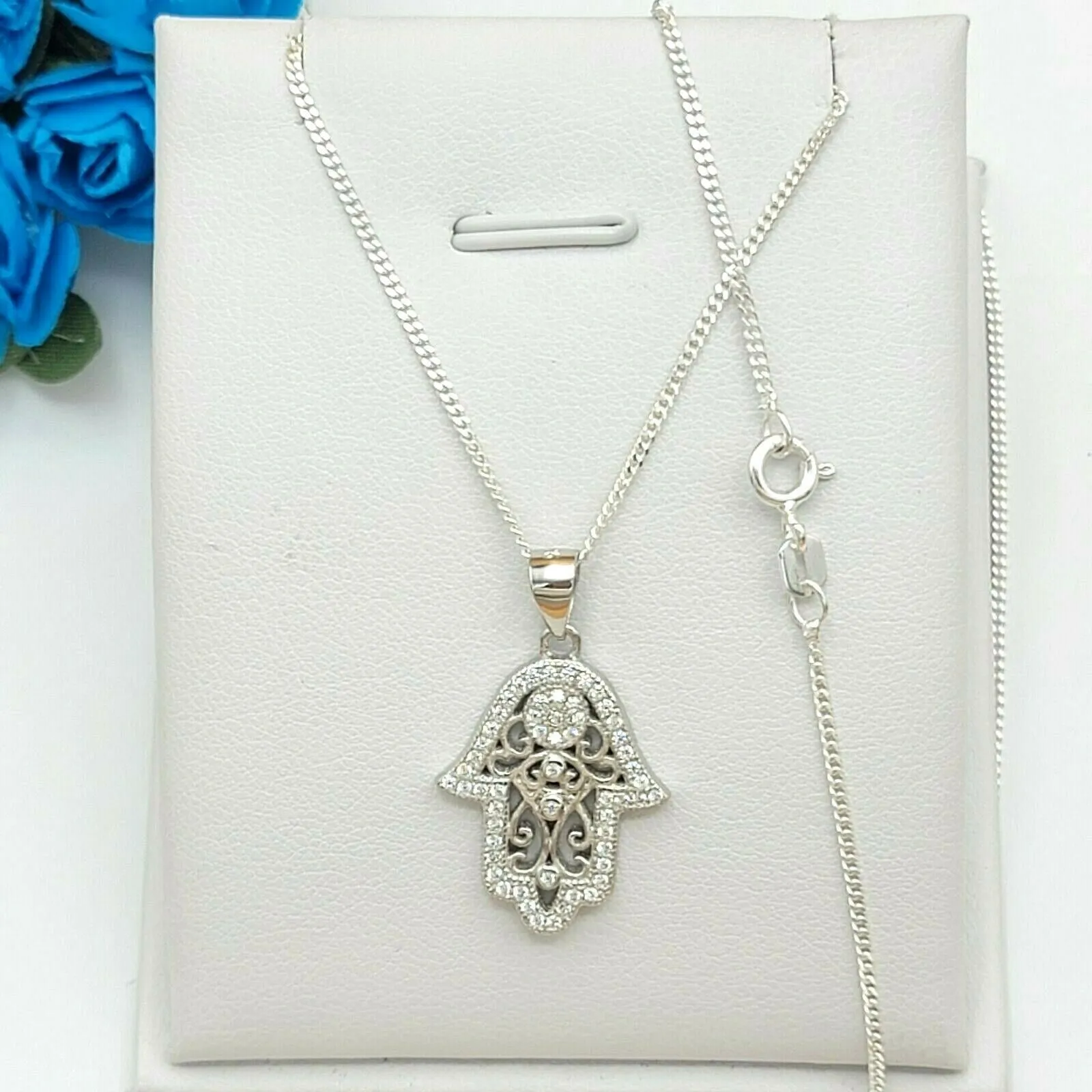 Solid 925 Sterling Silver. Filigree Hamsa Hand Iced Pendant Necklace.