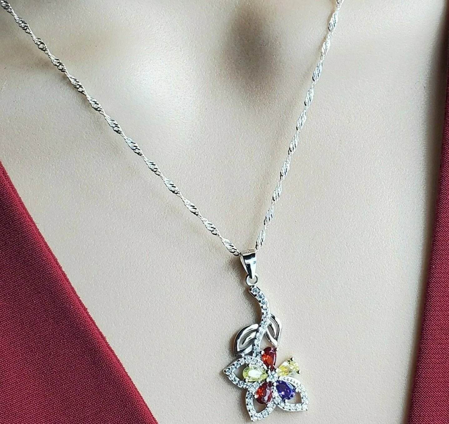 Solid 925 Sterling Silver. Multi-Color Flower Pendant Necklace.  Gift Women