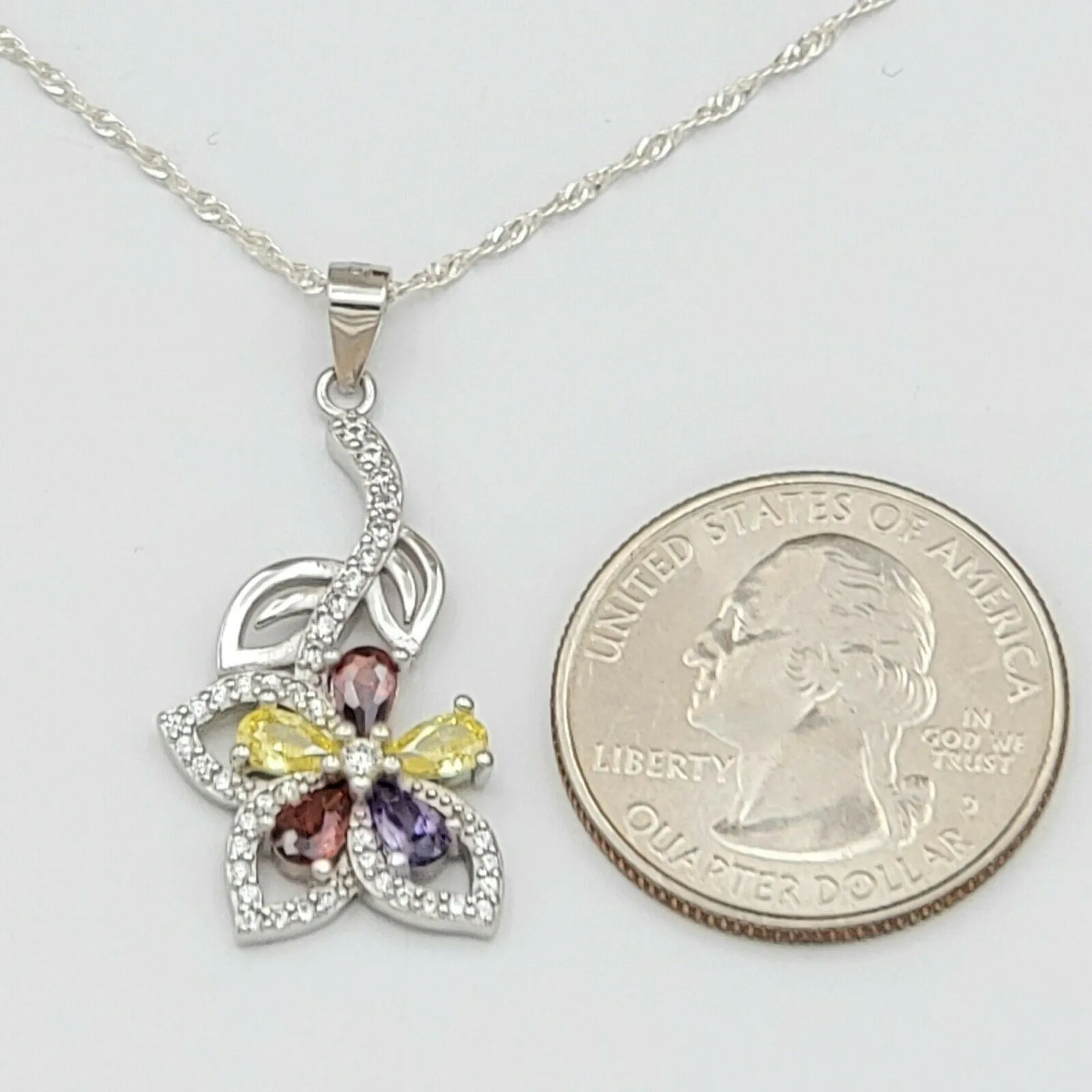 Solid 925 Sterling Silver. Multi-Color Flower Pendant Necklace.  Gift Women