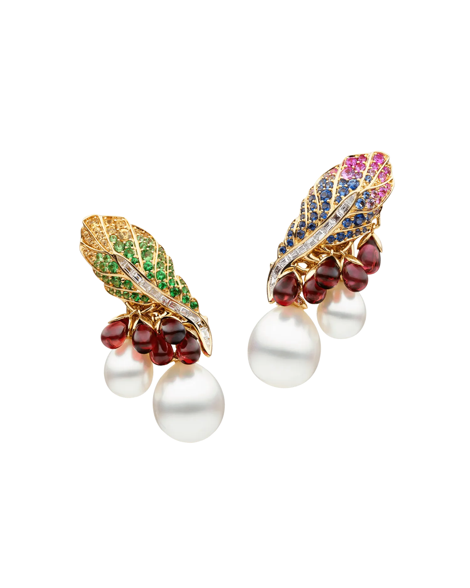 Song Bird Feather Pearl Earrings | 7-10mm Keshi Pearls, Gemstones, and Yellow Gold