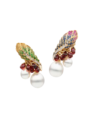 Song Bird Feather Pearl Earrings | 7-10mm Keshi Pearls, Gemstones, and Yellow Gold