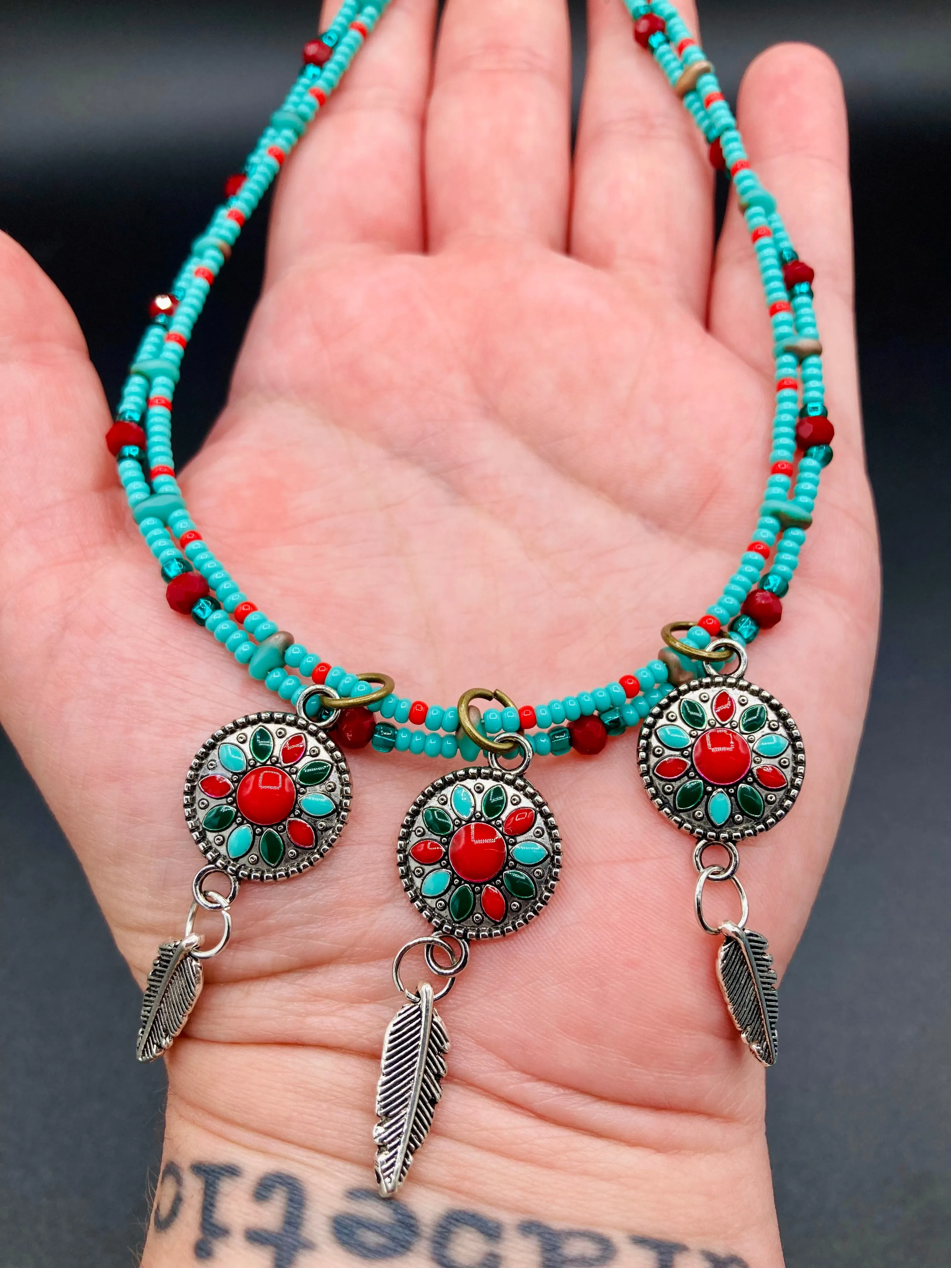 Southwest Inspired Colors Silver Feathers Glass Beads Adjustable Necklace And Matching Earrings, Vibrant Native Tribal Pattern Inspired Choker Style