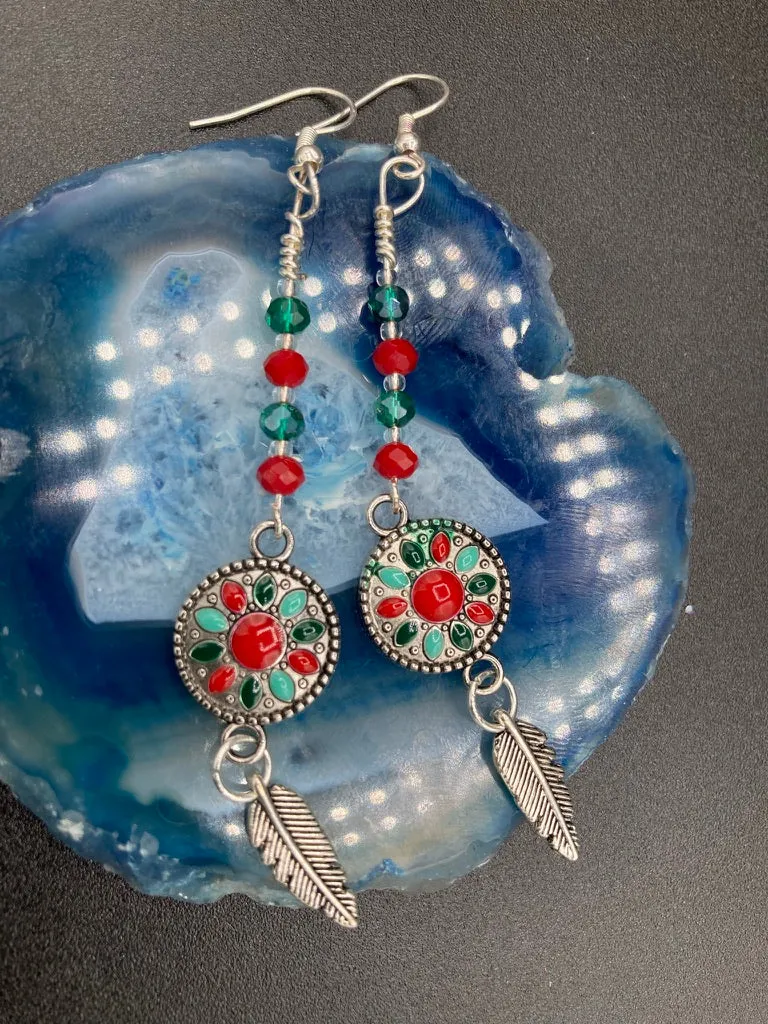 Southwest Inspired Colors Silver Feathers Glass Beads Adjustable Necklace And Matching Earrings, Vibrant Native Tribal Pattern Inspired Choker Style