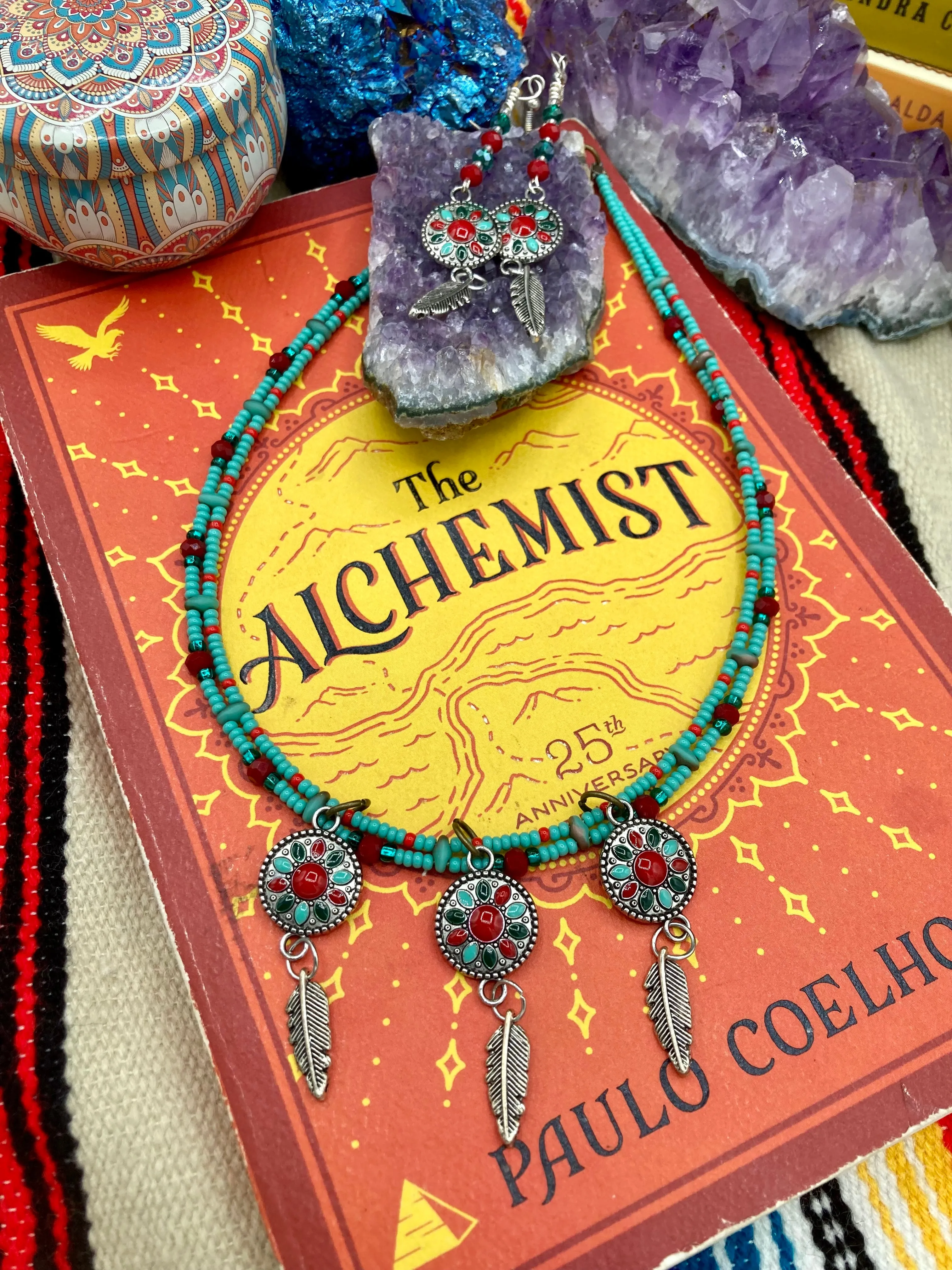 Southwest Inspired Colors Silver Feathers Glass Beads Adjustable Necklace And Matching Earrings, Vibrant Native Tribal Pattern Inspired Choker Style