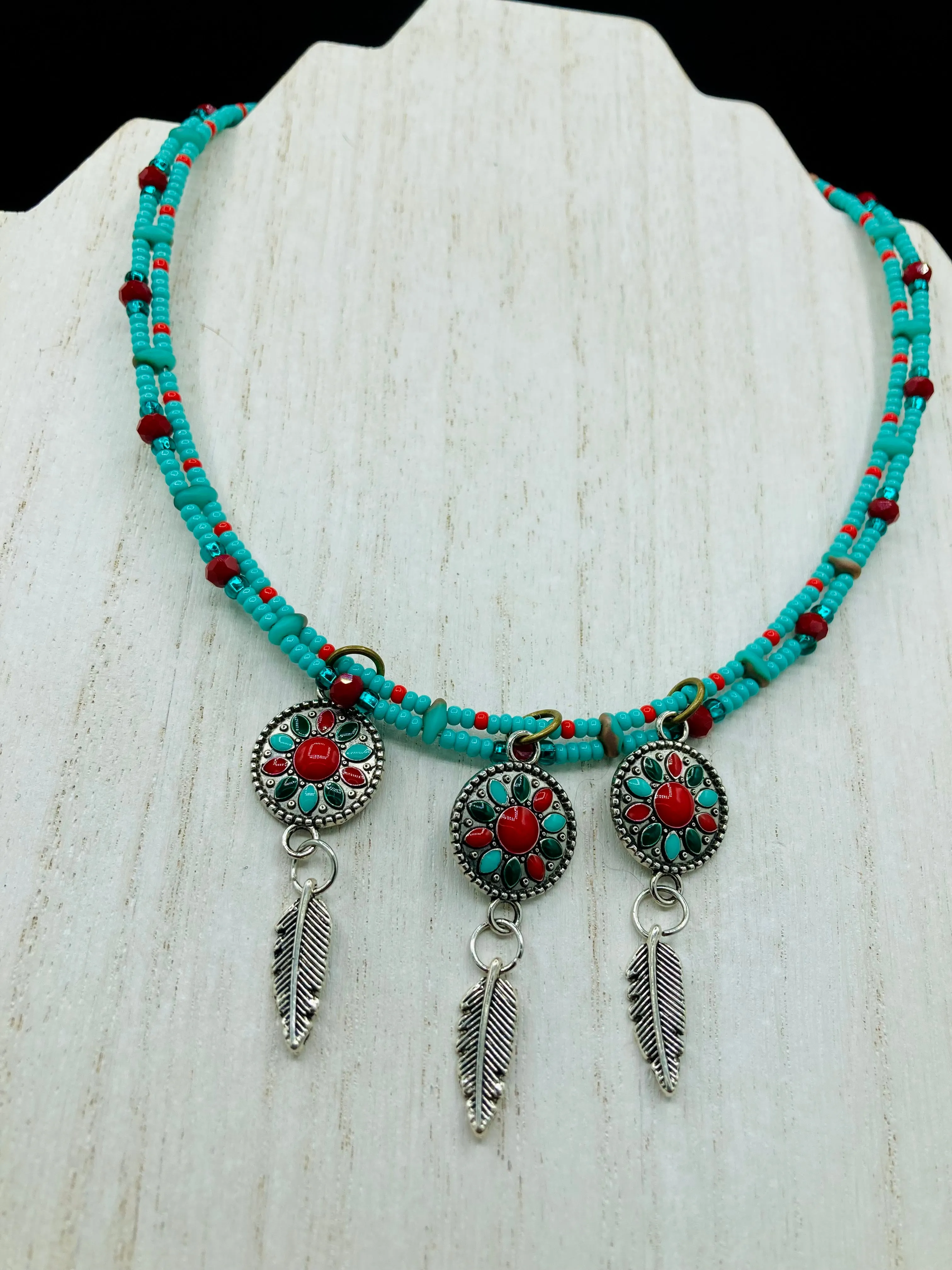 Southwest Inspired Colors Silver Feathers Glass Beads Adjustable Necklace And Matching Earrings, Vibrant Native Tribal Pattern Inspired Choker Style