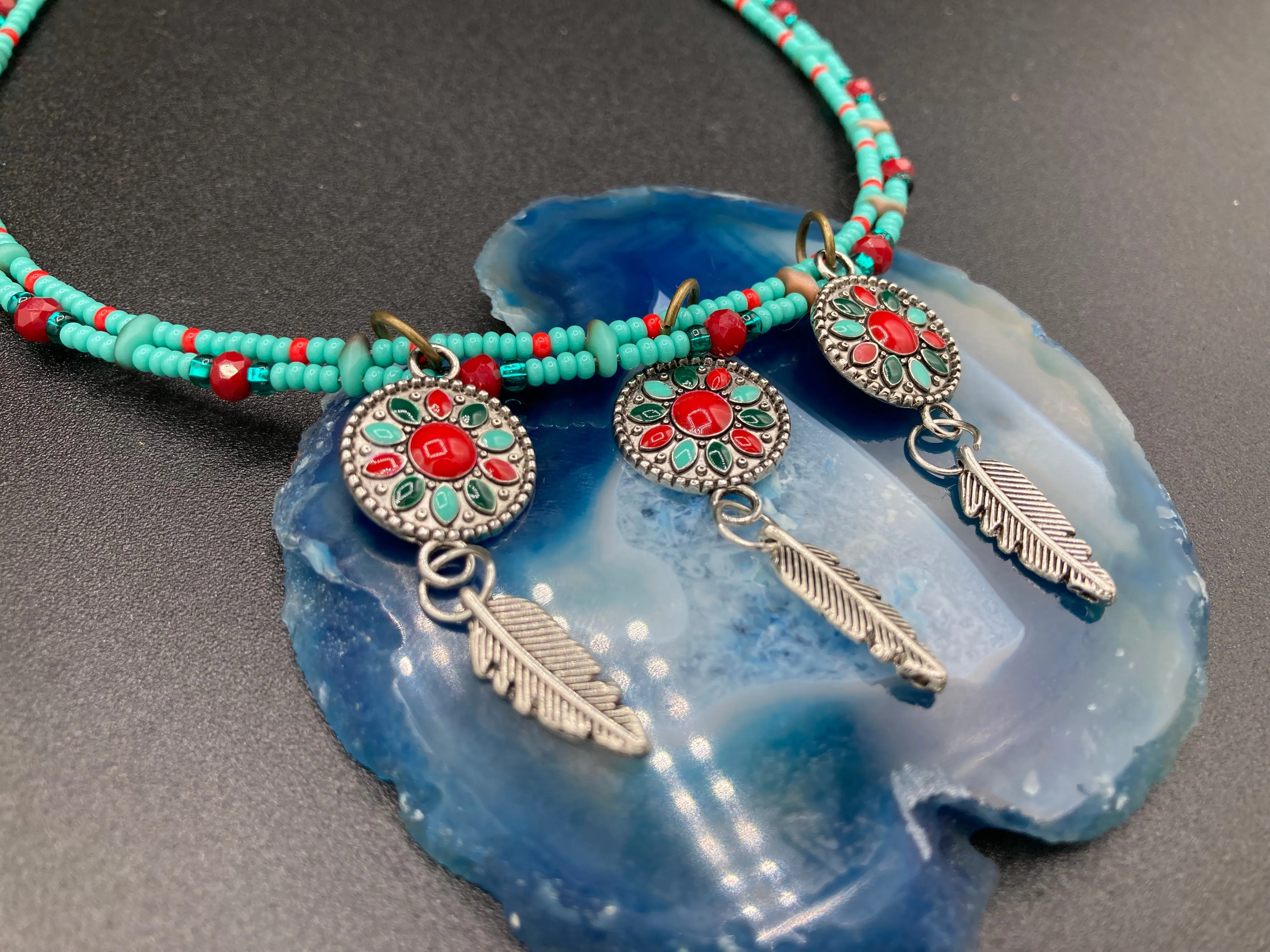 Southwest Inspired Colors Silver Feathers Glass Beads Adjustable Necklace And Matching Earrings, Vibrant Native Tribal Pattern Inspired Choker Style