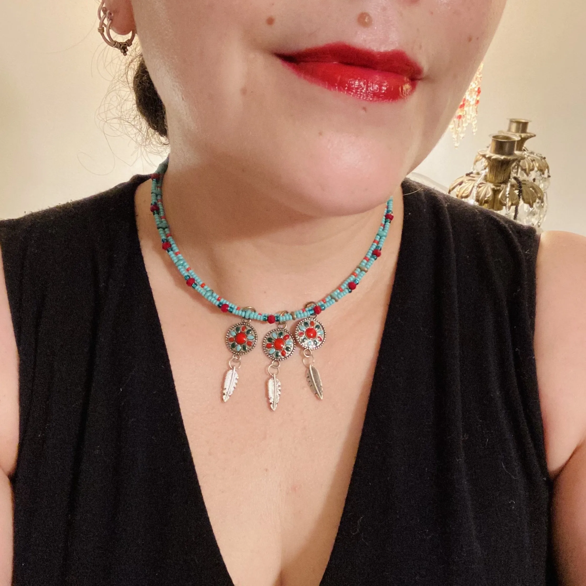 Southwest Inspired Colors Silver Feathers Glass Beads Adjustable Necklace And Matching Earrings, Vibrant Native Tribal Pattern Inspired Choker Style