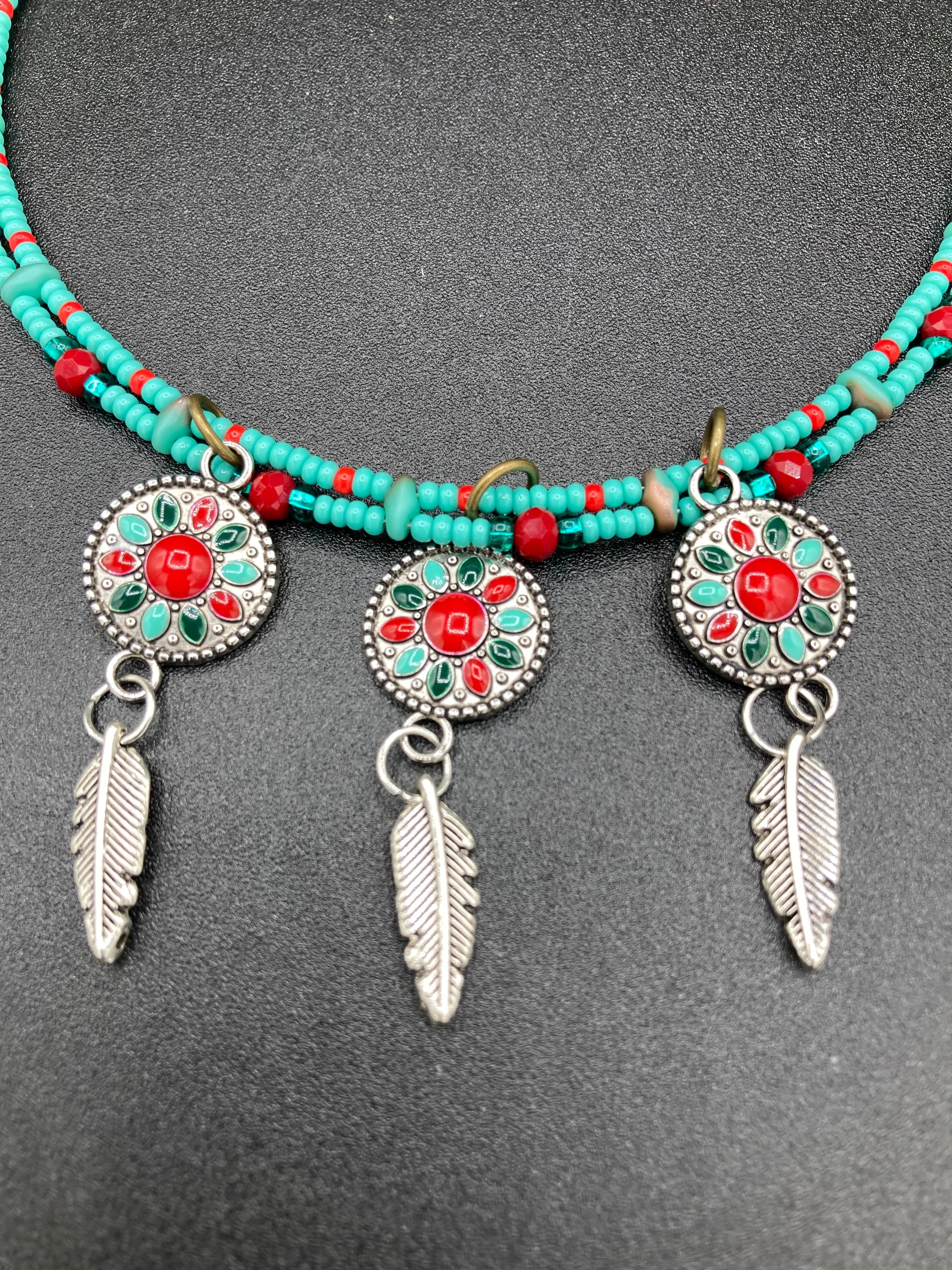 Southwest Inspired Colors Silver Feathers Glass Beads Adjustable Necklace And Matching Earrings, Vibrant Native Tribal Pattern Inspired Choker Style
