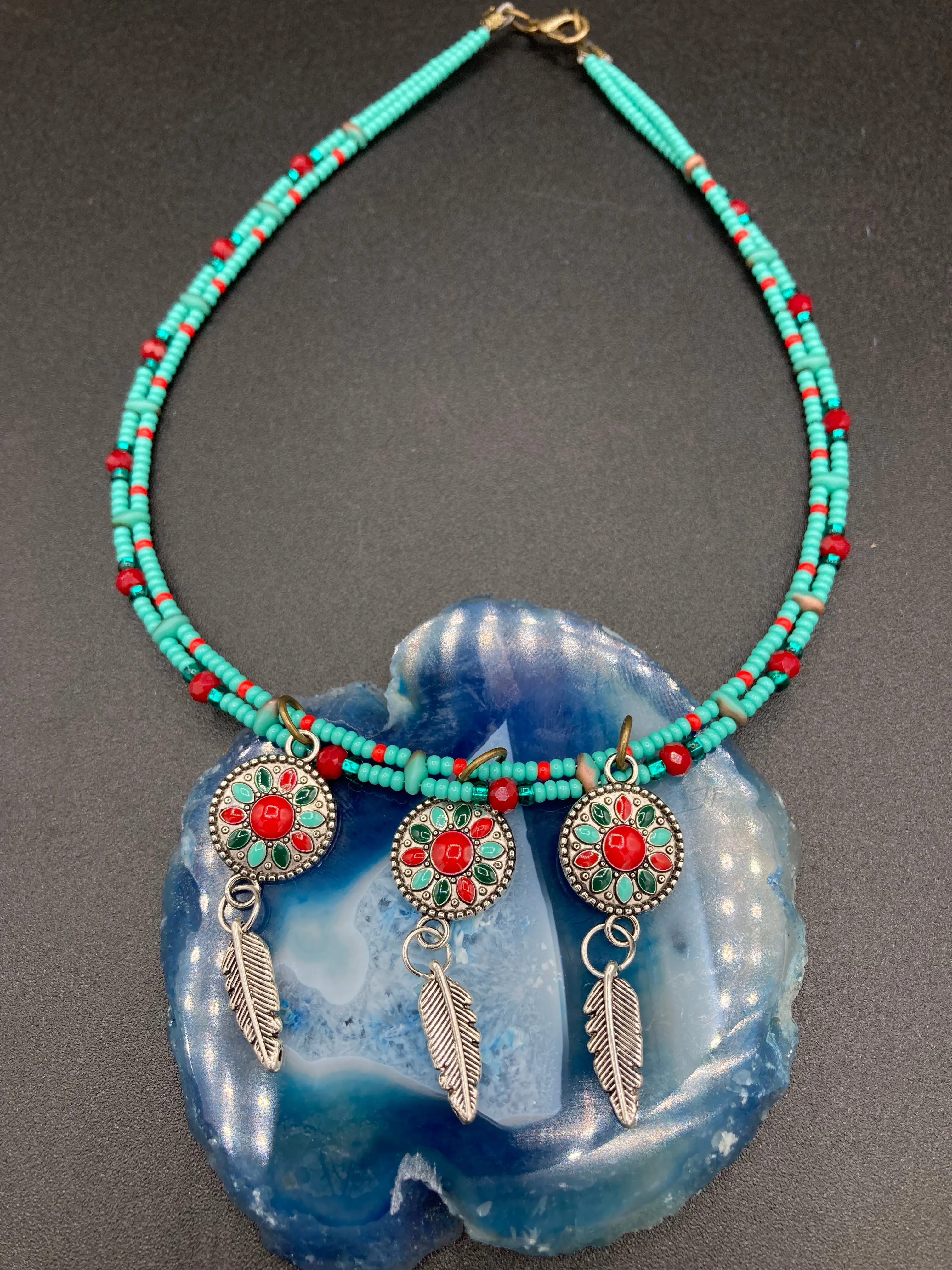 Southwest Inspired Colors Silver Feathers Glass Beads Adjustable Necklace And Matching Earrings, Vibrant Native Tribal Pattern Inspired Choker Style