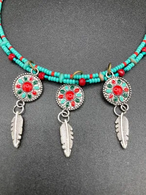 Southwest Inspired Colors Silver Feathers Glass Beads Adjustable Necklace And Matching Earrings, Vibrant Native Tribal Pattern Inspired Choker Style