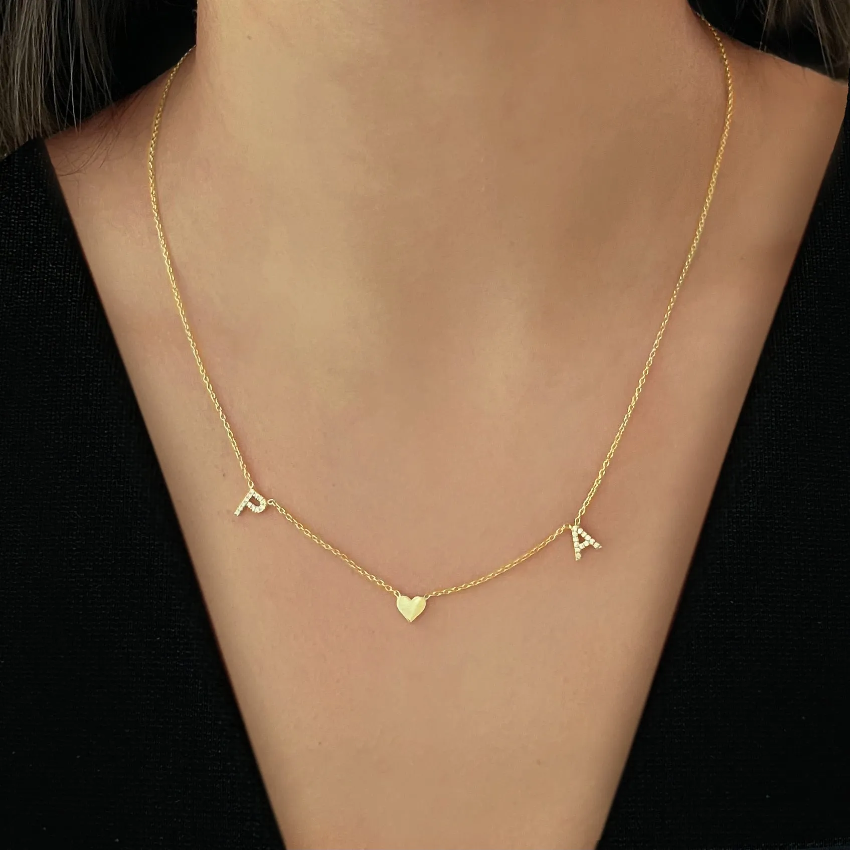 Spaced Pave Initials and Gold Charm Necklace