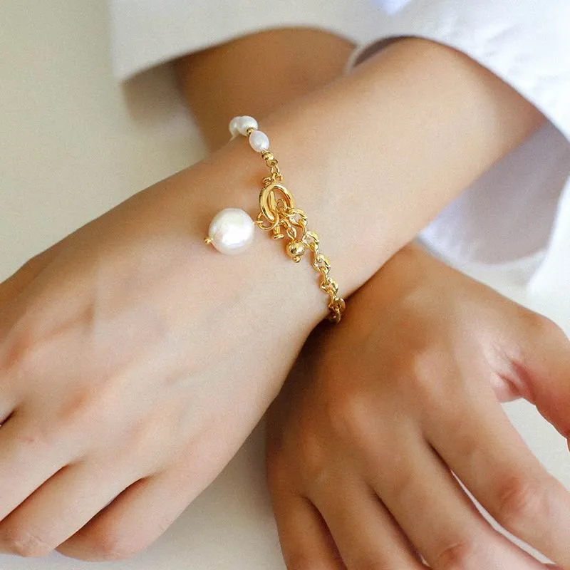 Spliced Chain Pearl Y Gold Bracelets