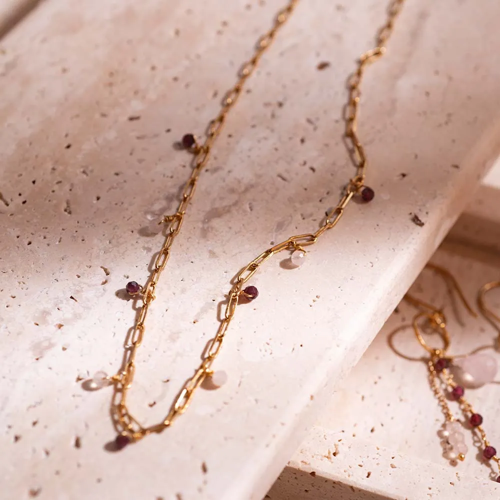 Spontaneous Garnet Rose Quartz Gold Plated Necklace