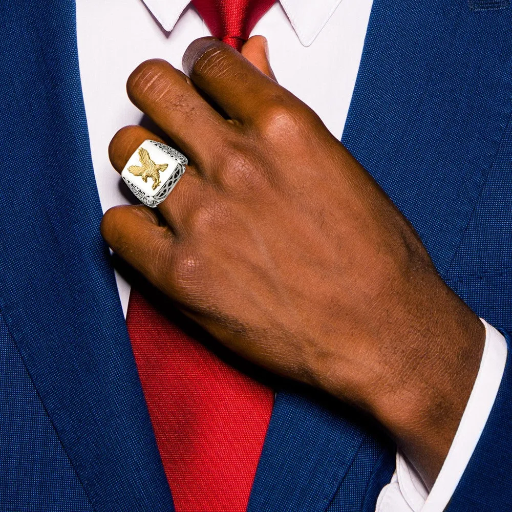 Stainless Steel w/14k Accent Antiqued and Polished Eagle Ring