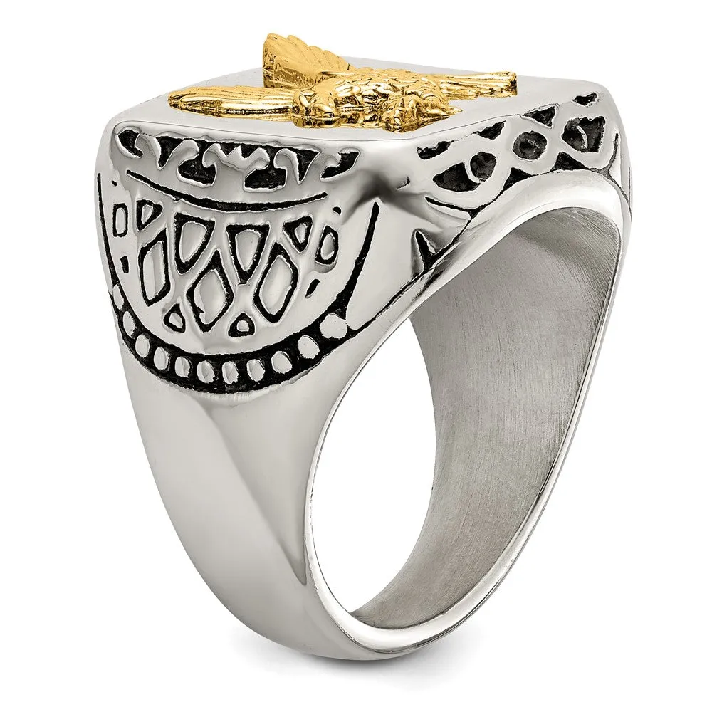 Stainless Steel w/14k Accent Antiqued and Polished Eagle Ring