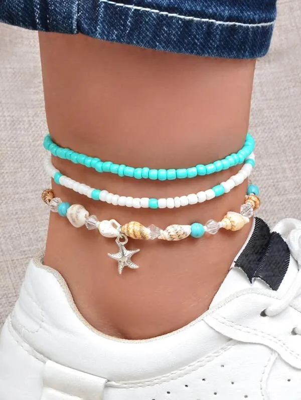 Starfish & Conch Charm Blue Bead Bracelet/Anklet