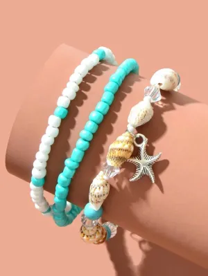Starfish & Conch Charm Blue Bead Bracelet/Anklet