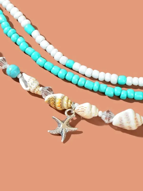 Starfish & Conch Charm Blue Bead Bracelet/Anklet