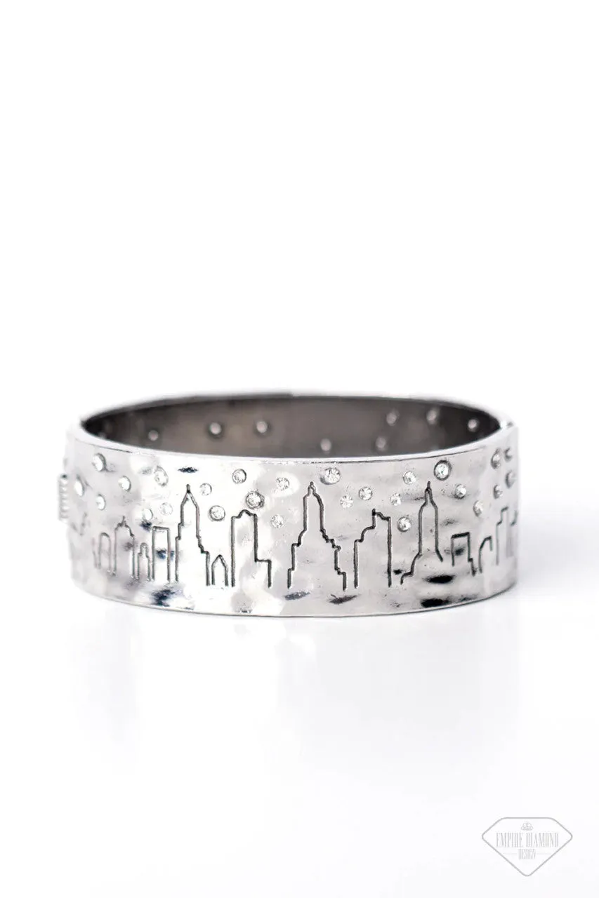 Starry Skyscrapers - White - City Skyline with Rhinestones Silver Paparazzi Hinged Bracelet - Empire Diamond Exclusive
